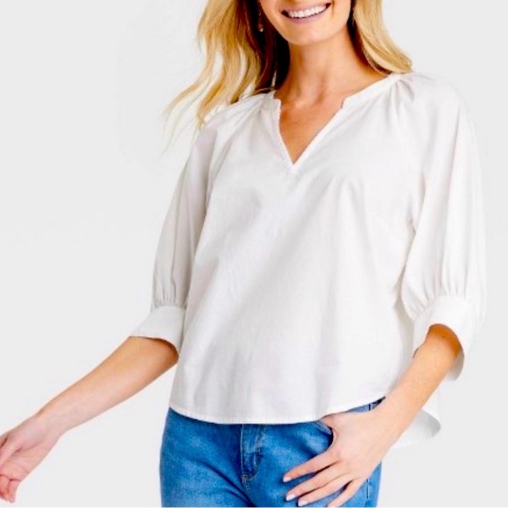 Women's White V-Neck Puff Sleeve Blouse